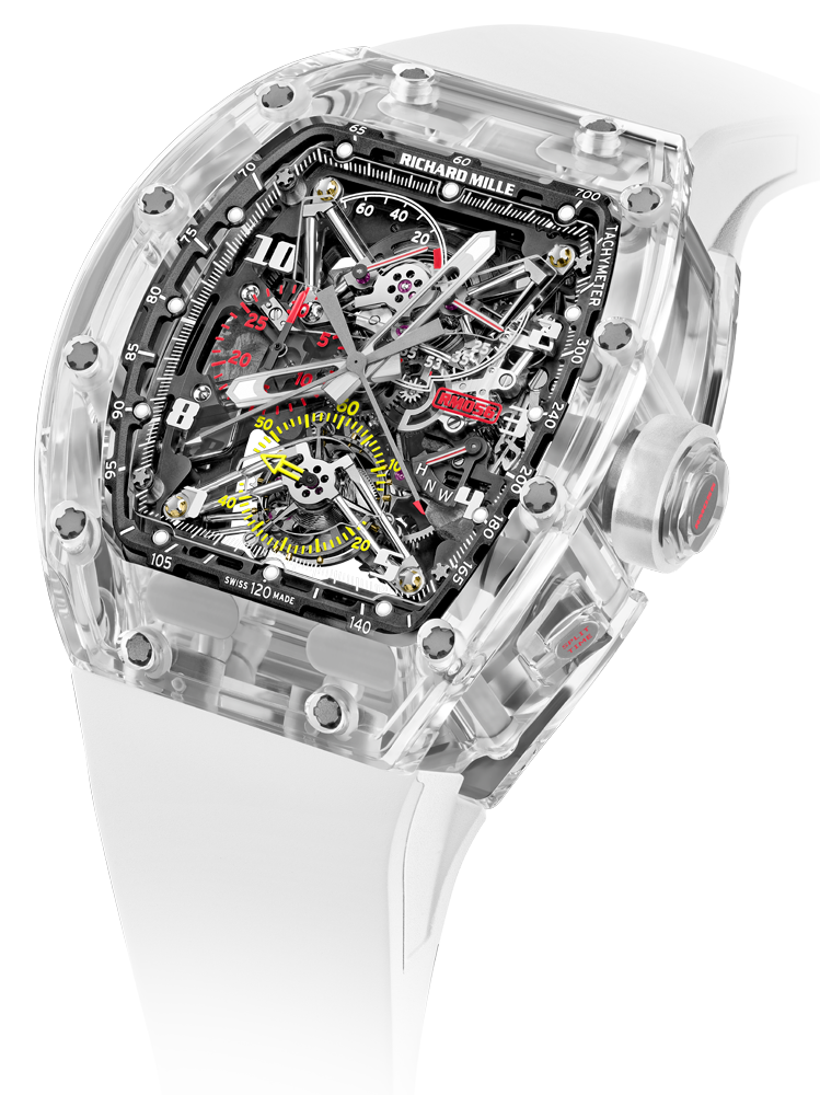 Tourbillon Chronograph Sapphire RM 056 — Manual winding tourbillon movement with hours, minutes, seconds, split-seconds chronograph, 30-minute totaliser,…